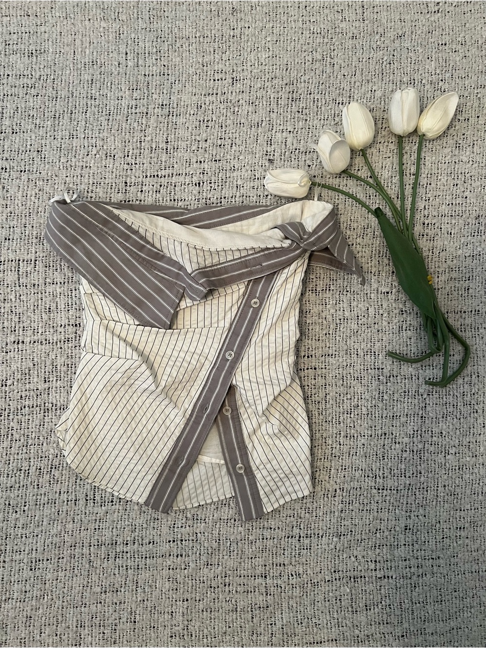 Zara Striped Off-Shoulder Button Front Women’s Top in Cream & Taupe